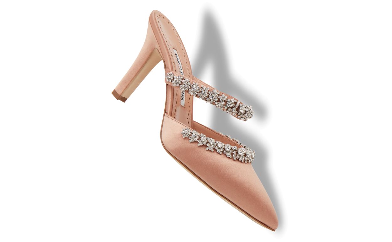 Designer Light Pink Satin Crystal Embellished Mules  - Image Main