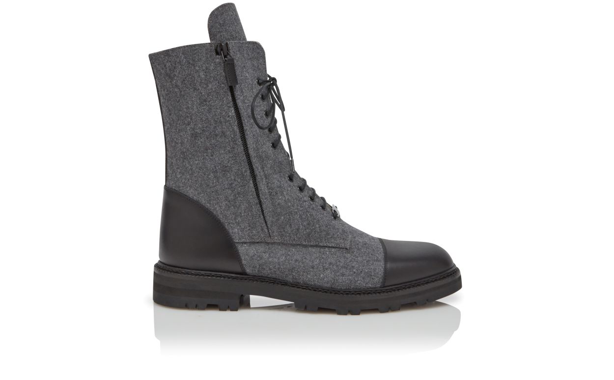 Designer Grey Wool and Calf Leather Military Boots - Image Side View