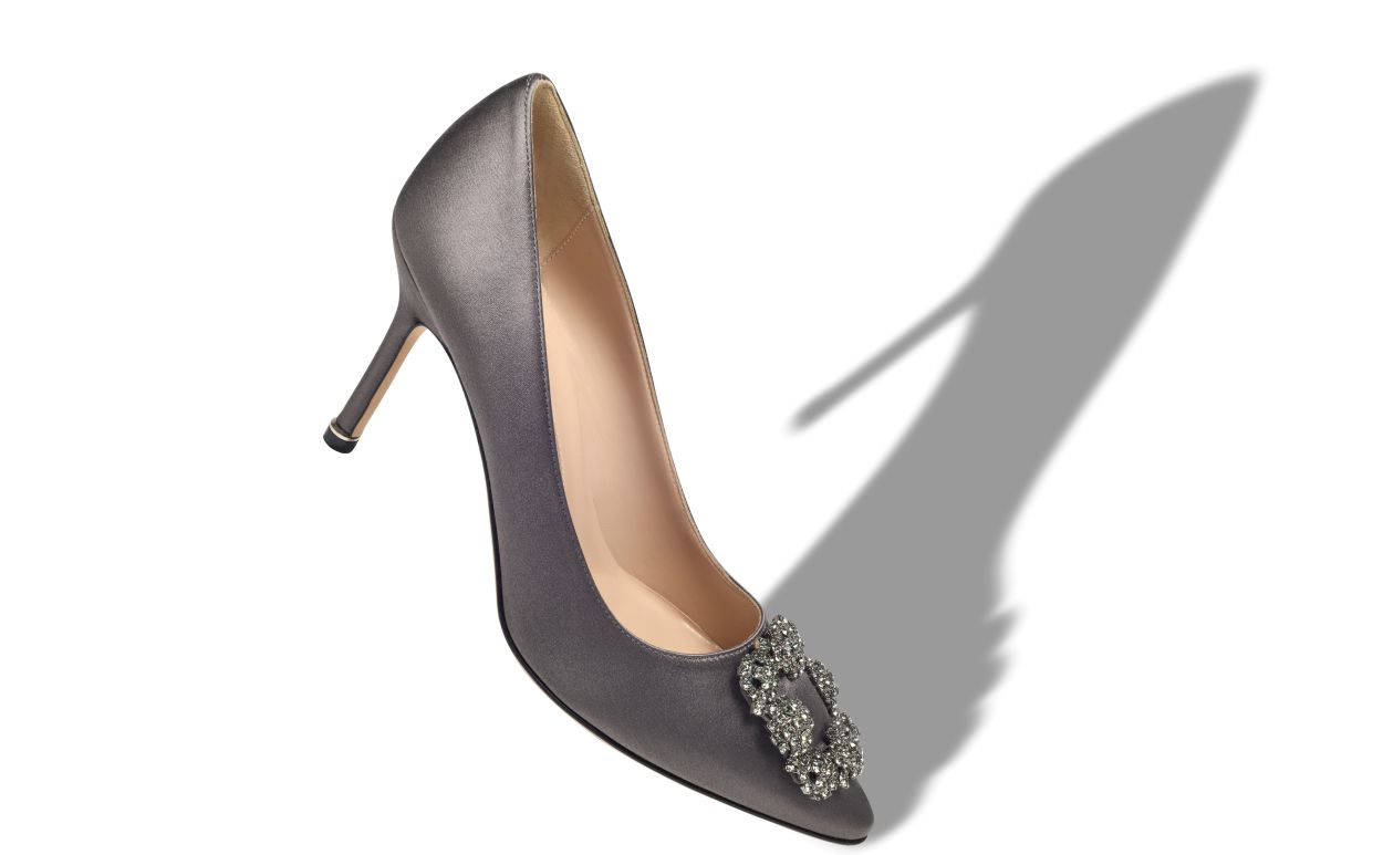 Designer Dark Grey Satin Jewel Buckle Pumps - Image Main