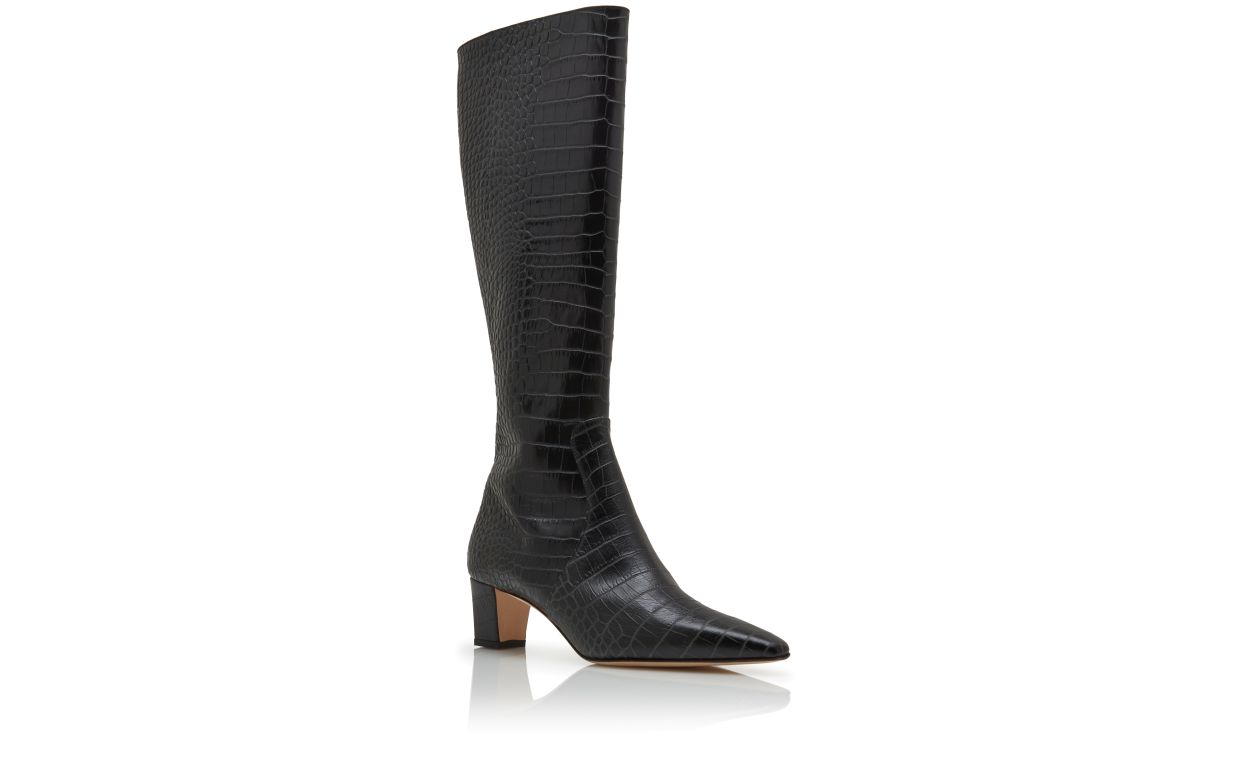 Designer Black Calf Leather Knee High Boots  - Image Upsell View
