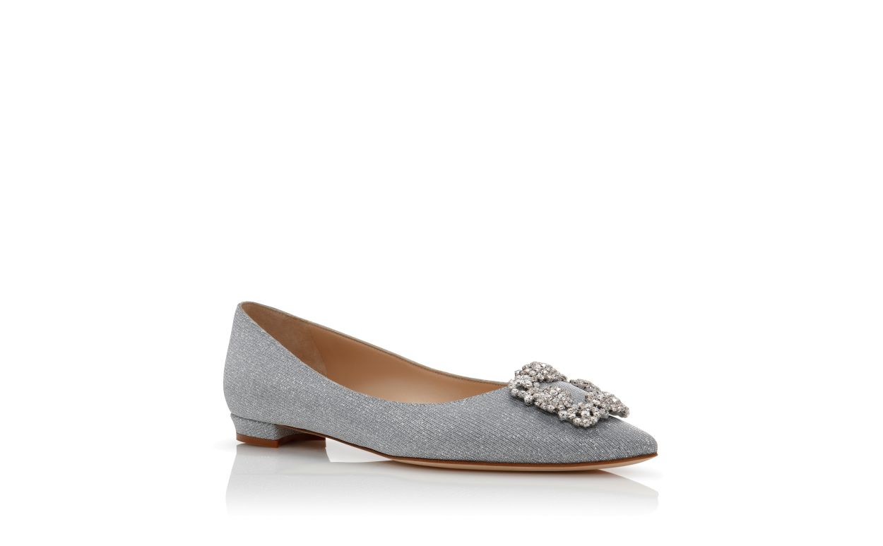 Designer Silver Glitter Fabric Jewel Buckle Flat Pumps - Image Upsell