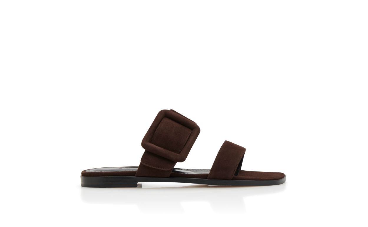 Designer Dark Brown Suede Flat Sandals - Image Side View