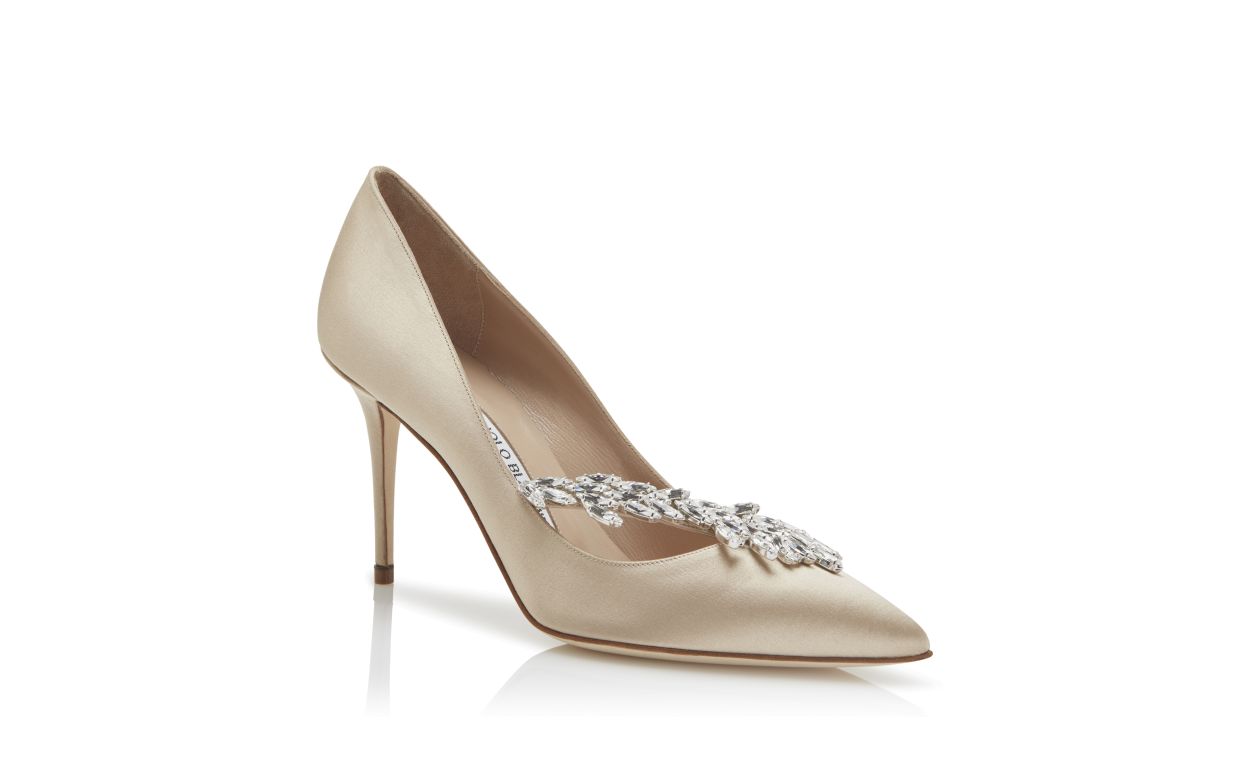 Designer Champagne Satin Jewel Buckle Pumps  - Image Upsell