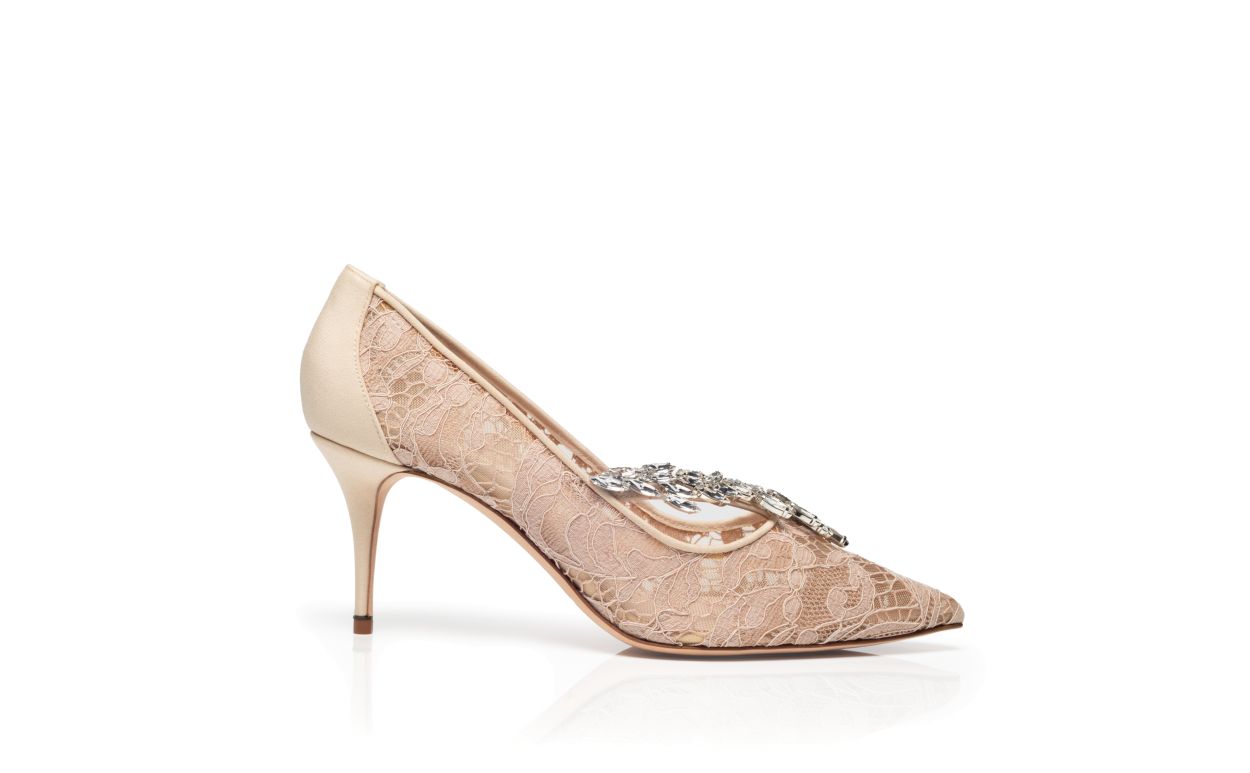 Designer Light Beige Lace Jewel Buckle Pumps - Image Side View