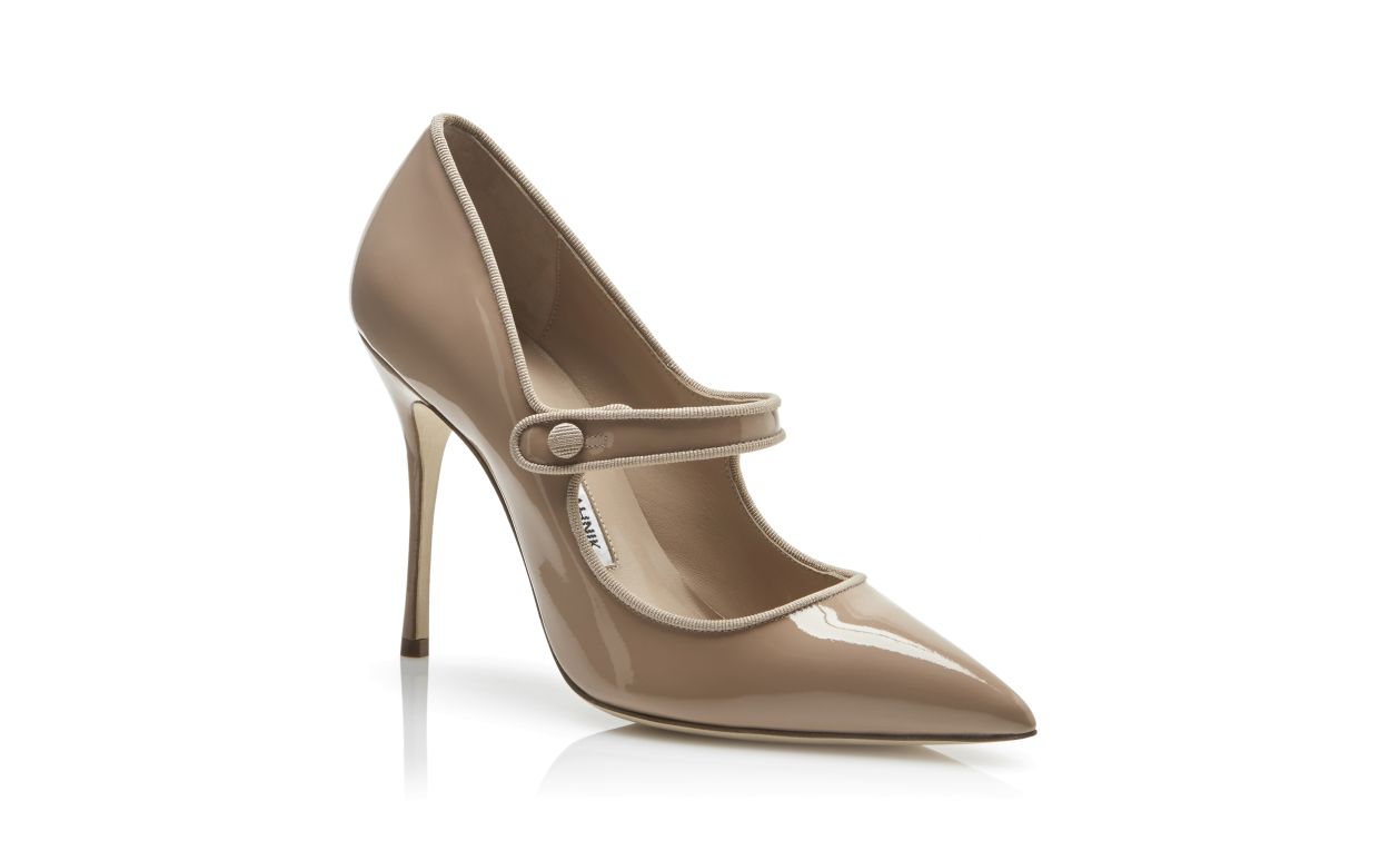 Designer Cool Beige Patent Leather Pointed Toe Pumps - Image Upsell