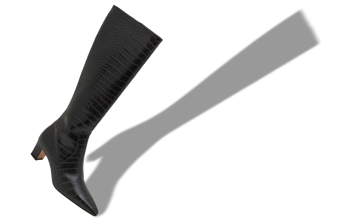 Designer Black Calf Leather Knee High Boots  - Image Main View