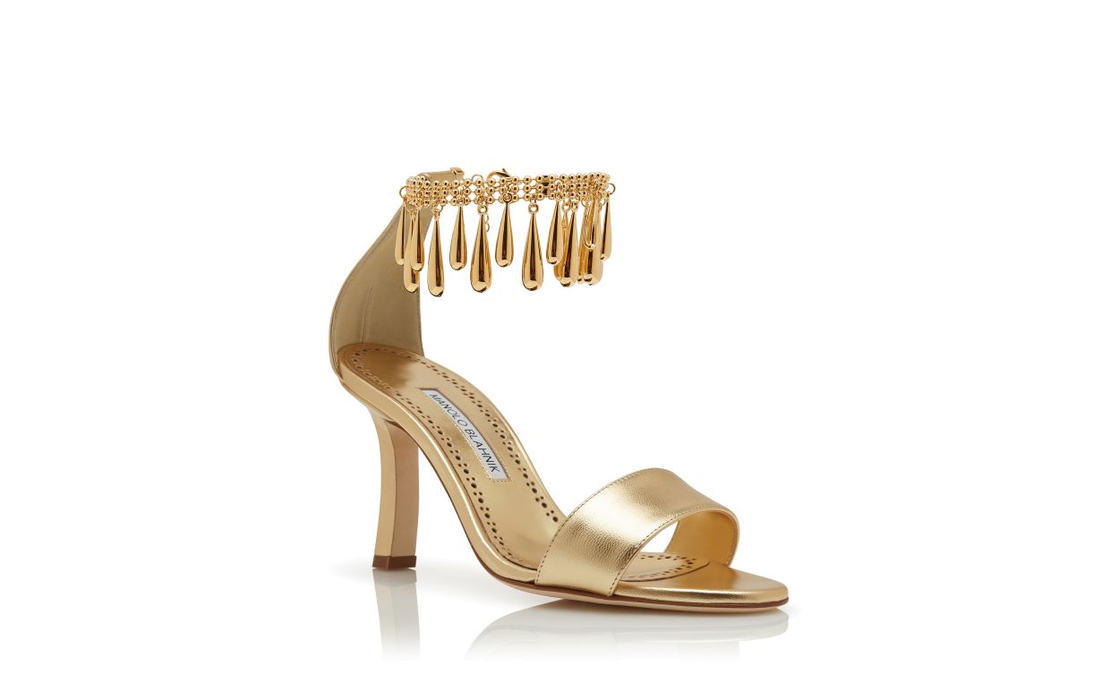 Designer Gold Nappa Leather Embellished Sandals - Image Upsell View