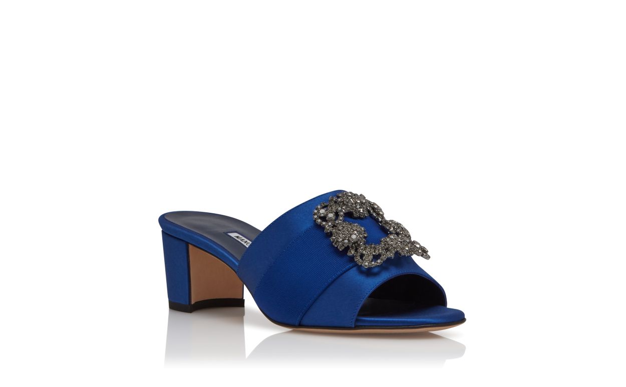 Designer Blue Satin Jewel Buckle Mules - Image Upsell