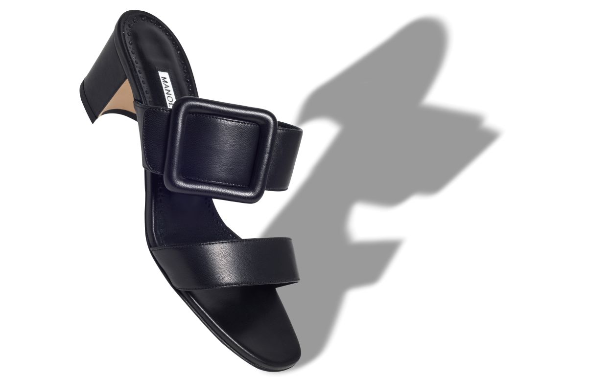 Designer Black Nappa Leather Open Toe Mules - Image Main