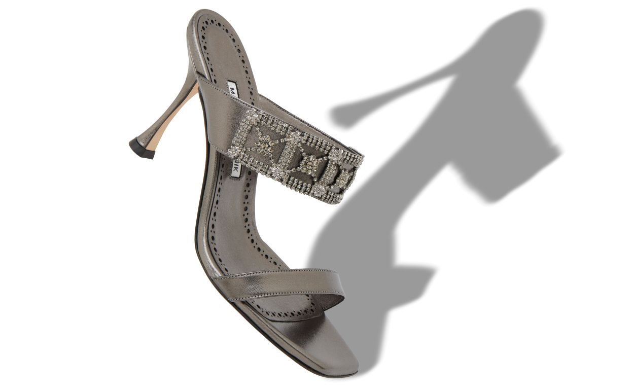 Designer Grey Nappa Leather Embellished Mules  - Image Main