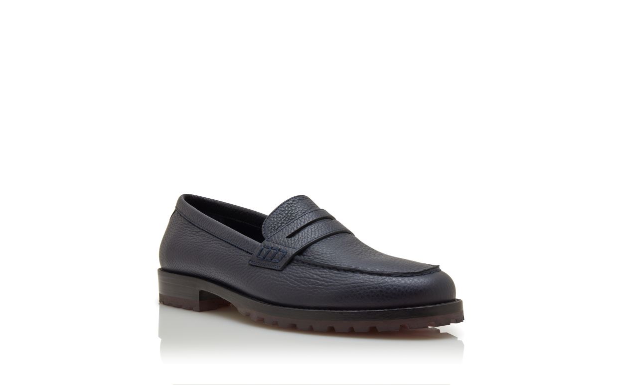 Designer Navy Blue Calf Leather Penny Loafers - Image Upsell View