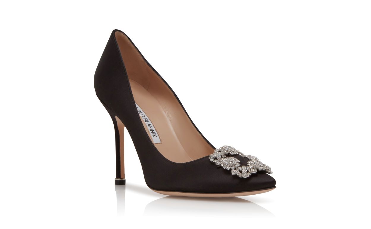 Designer Black Satin Jewel Buckle Pumps - Image Upsell