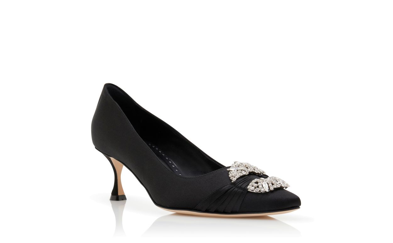 Designer Black Satin Embellished Buckle Pumps  - Image Upsell