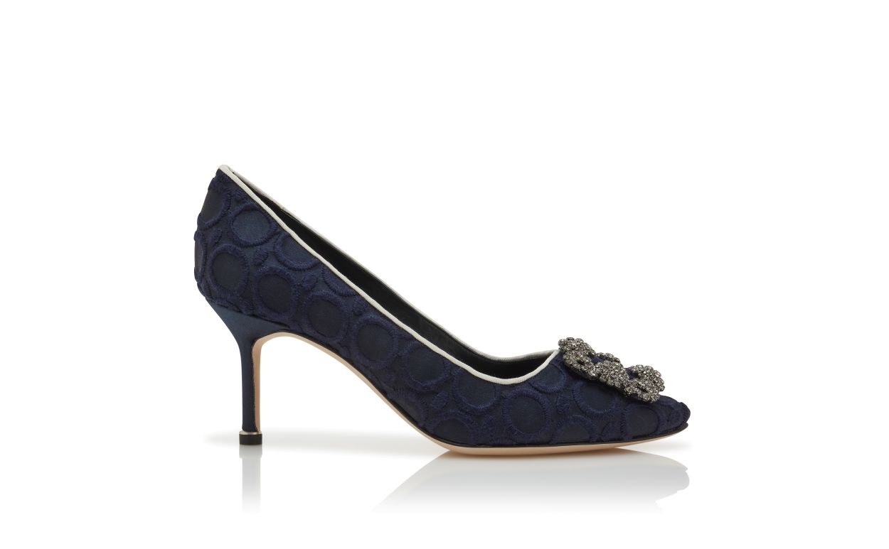 Designer Navy Blue Silk Jewel Buckle Pumps - Image Side View