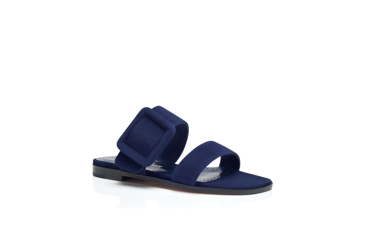 Designer Navy Blue Suede Flat Sandals - Image Upsell