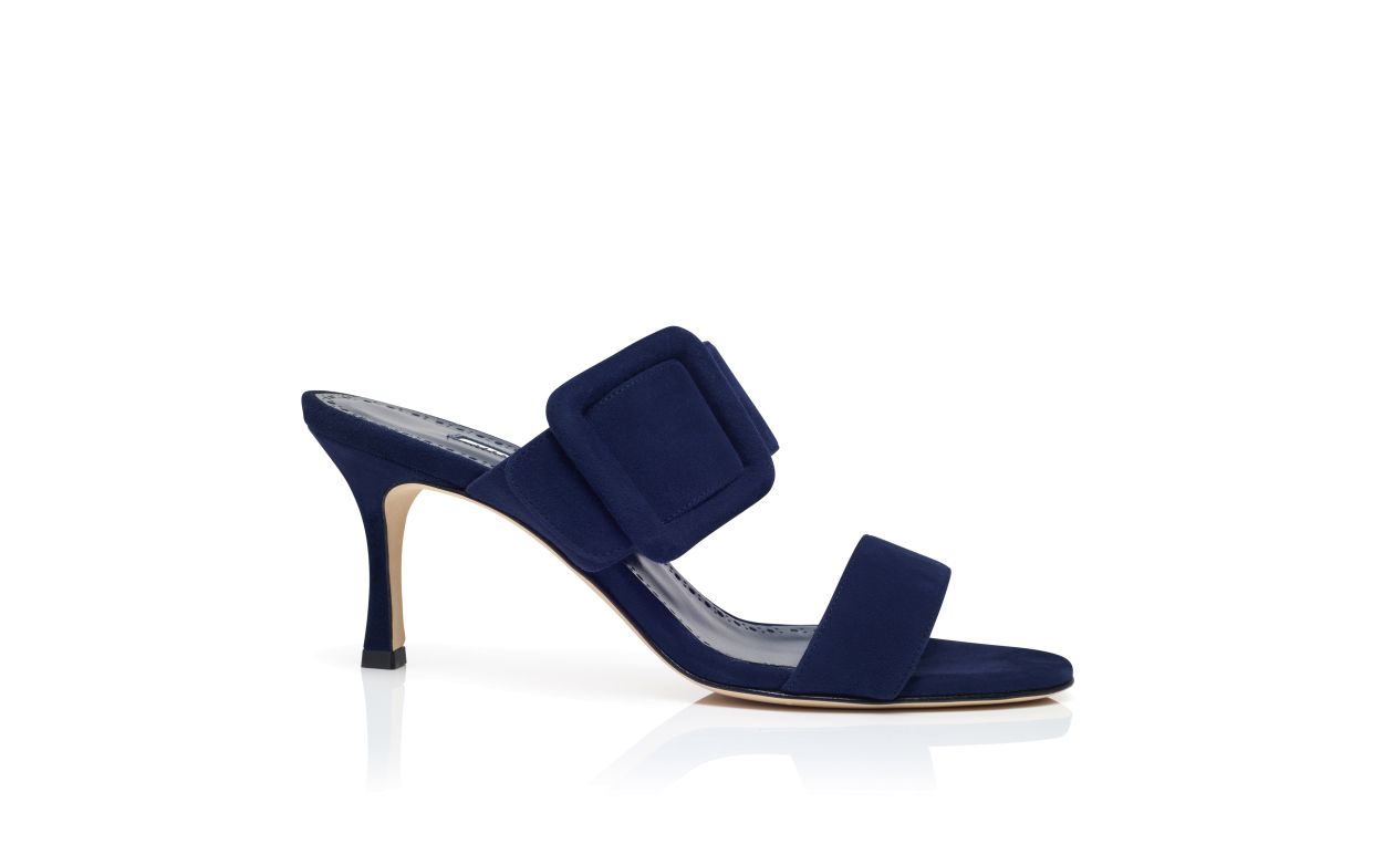 Designer Navy Blue Suede Open Toe Mules - Image Side View