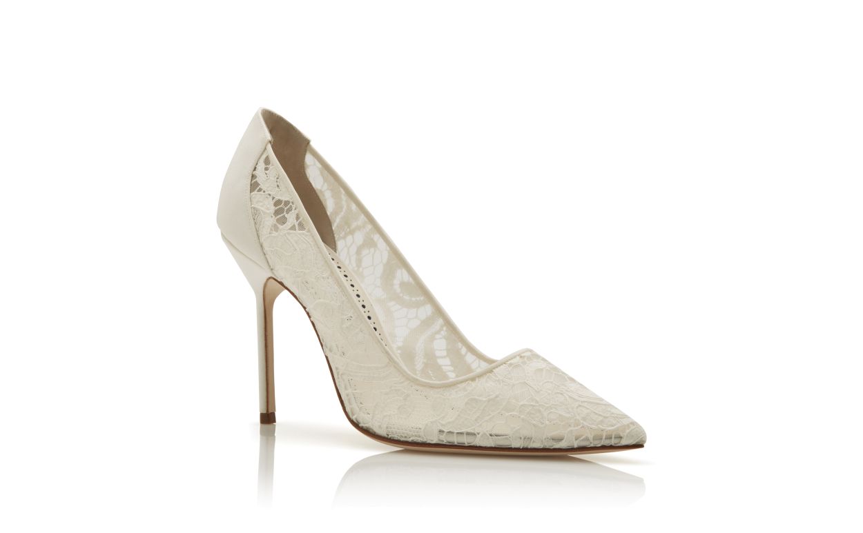 Designer White Lace Pointed Toe Pumps - Image Upsell