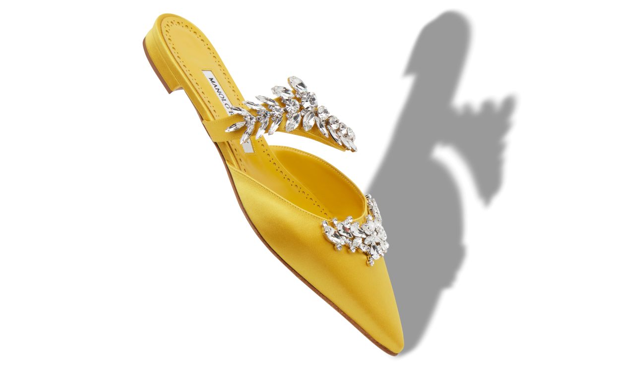 Designer Yellow Satin Crystal Embellished Flat Mules - Image Main