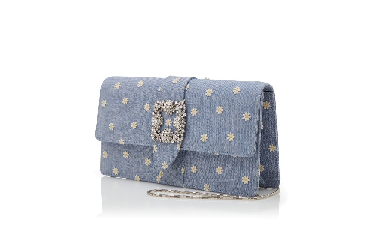 Designer Blue and White Chambray Jewel Buckle Clutch - Image 