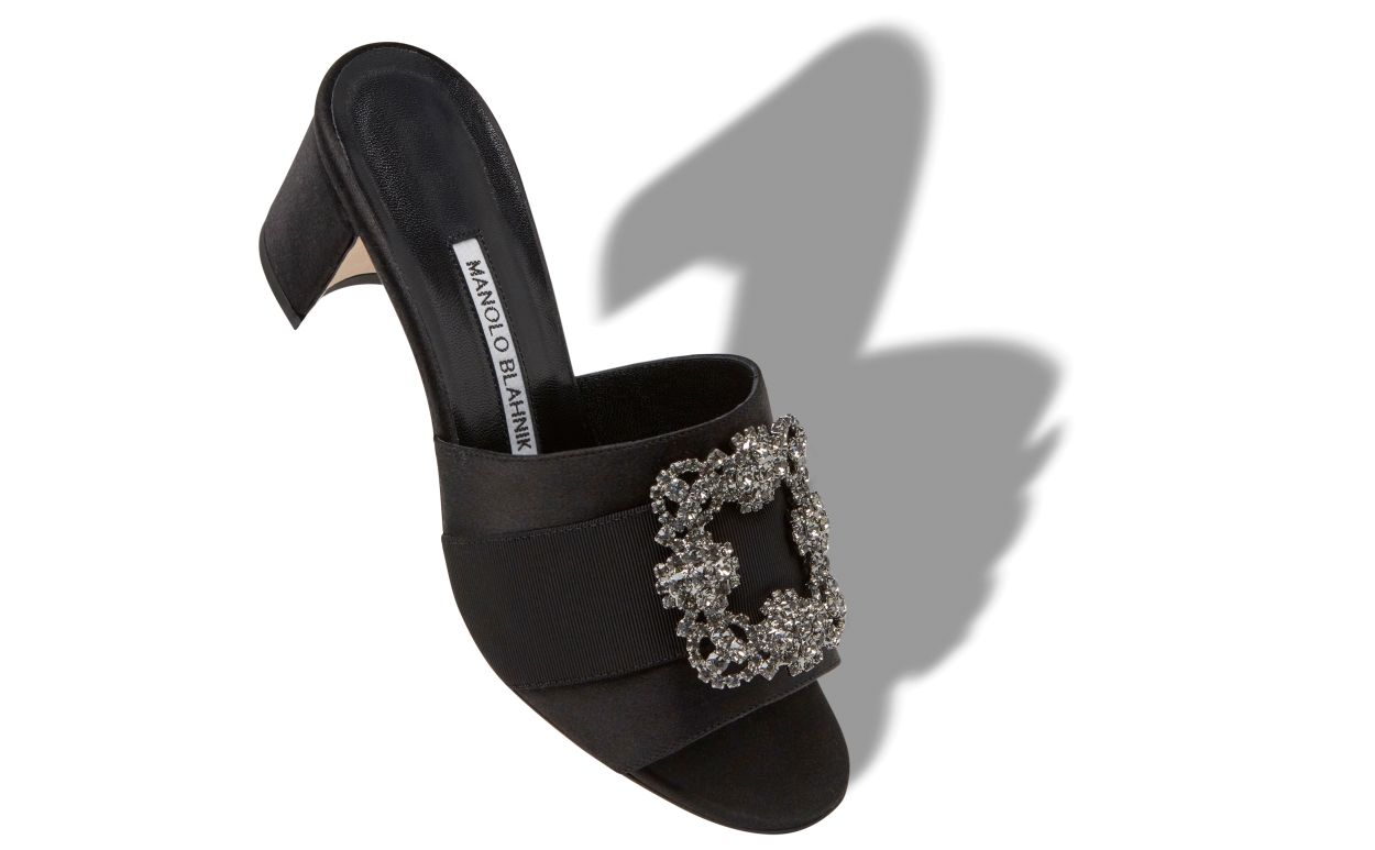 Designer Black Satin Jewel Buckle Mules - Image Main