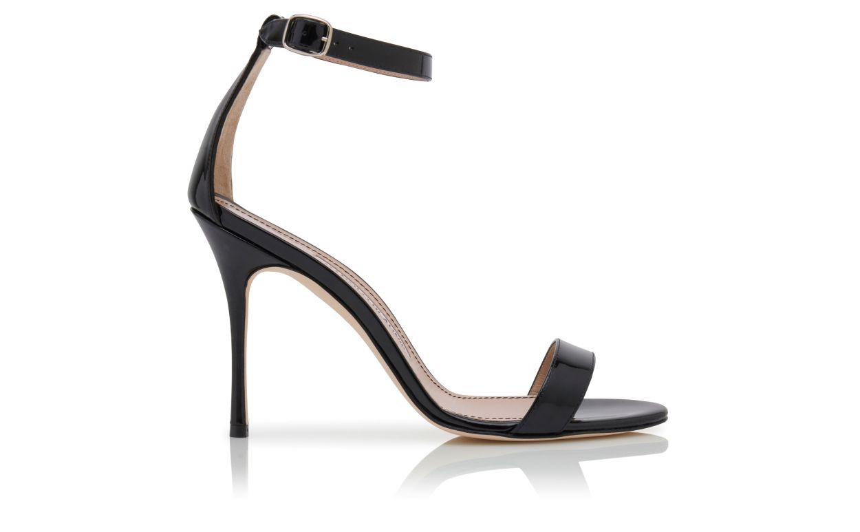 Designer Black Patent Leather Ankle Strap Sandals - Image thumbnail