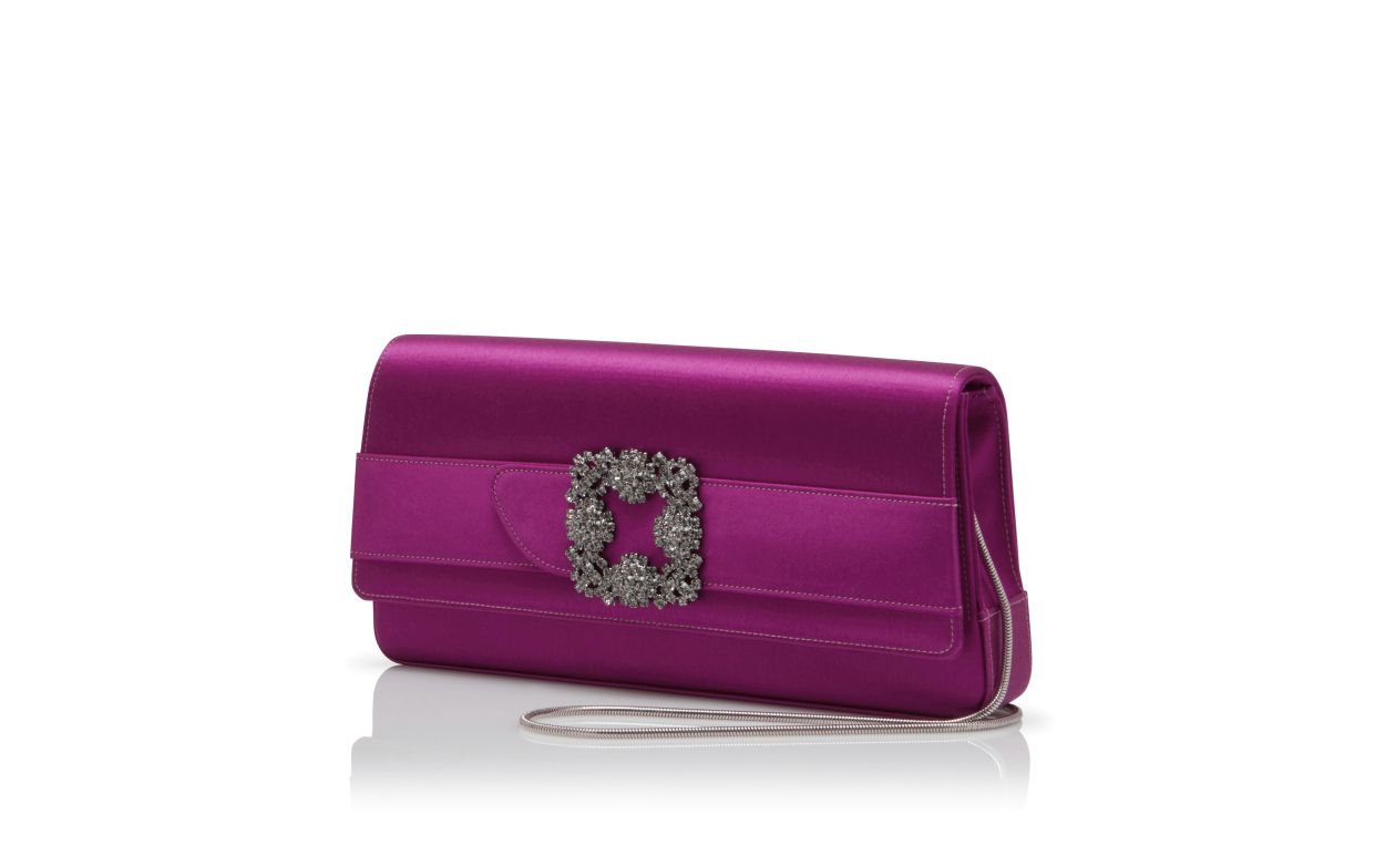 Designer Dark Fuchsia Satin Jewel Buckle Clutch - Image 