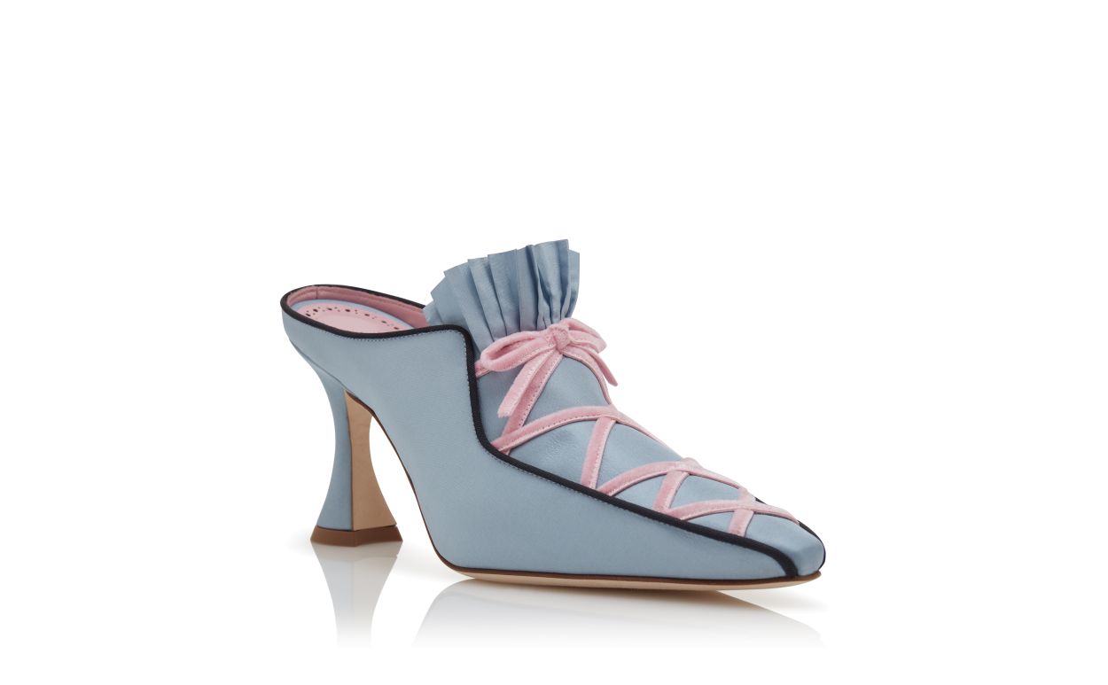 Designer Blue Silk Criss-Cross Detail Mules - Image Upsell View