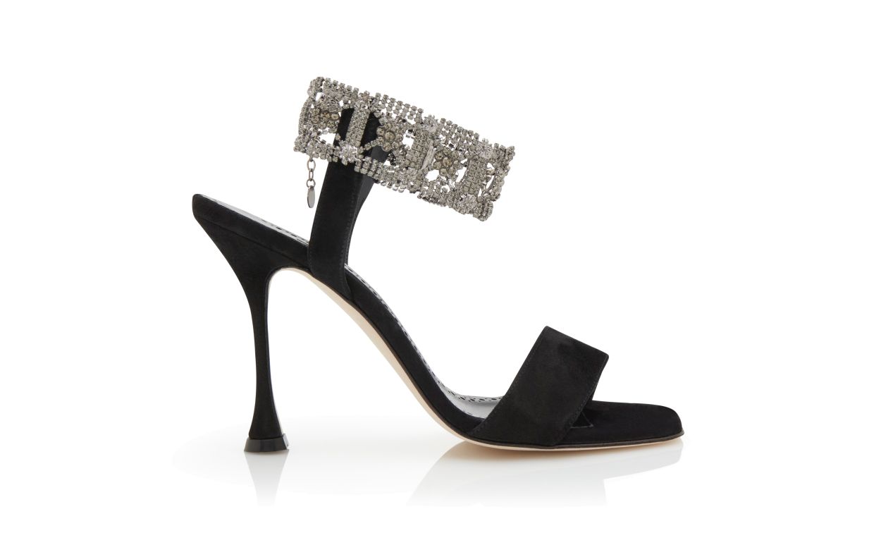 Designer Black Suede Embellished Ankle Strap Sandals - Image Side View