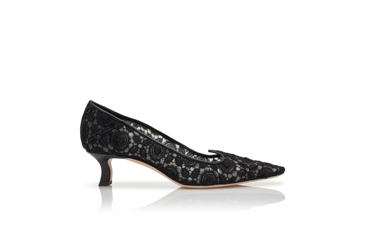 Designer Black Lace Pointed Toe Pumps - Image Side View