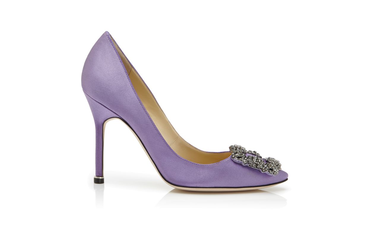 Designer Lilac Satin Jewel Buckle Pumps - Image Side View