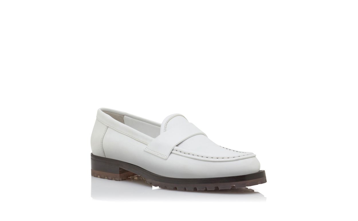 Designer White Calf Leather Penny Loafers - Image Upsell View