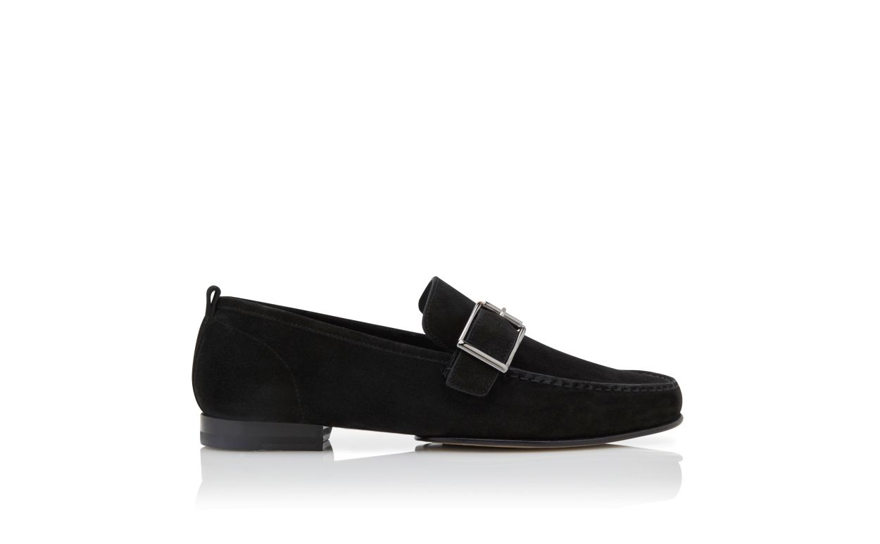Designer Black Suede Buckle Slippers - Image Side View