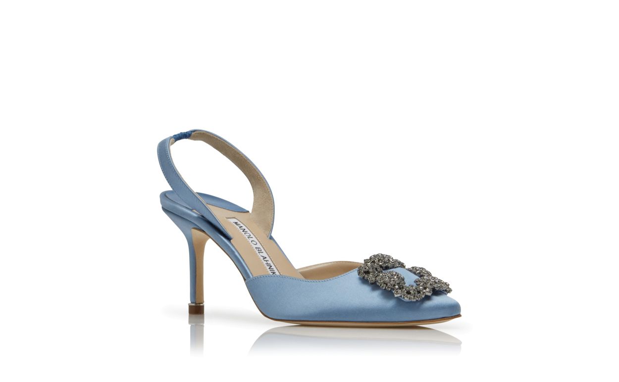 Designer Light Blue Satin Jewel Buckle Slingback Pumps - Image Upsell