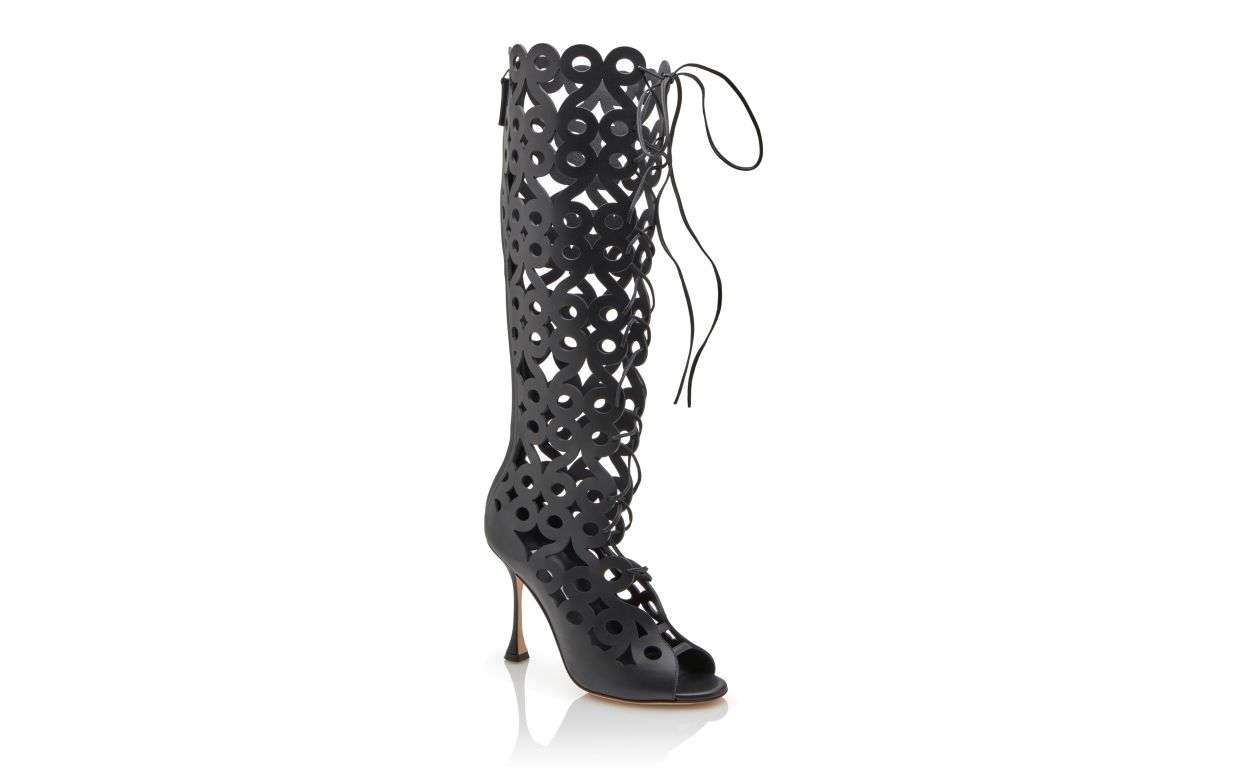 Designer Black Calf Leather Cut Out Knee High Boots - Image Upsell