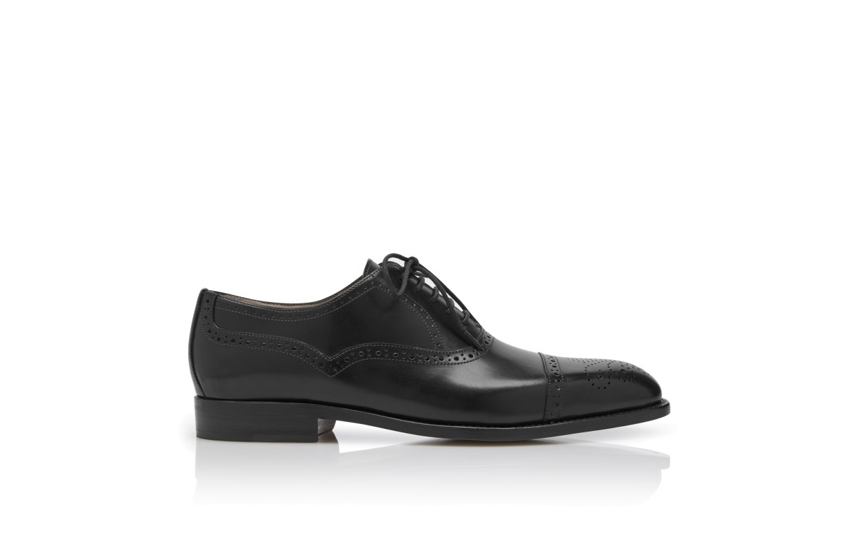 Designer Black Burnished Calf Leather Cap Toe Oxfords - Image Side View