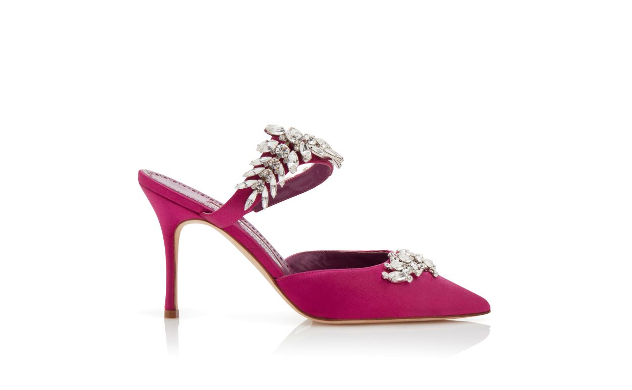 Designer Fuchsia Satin Crystal Embellished Mules - Image thumbnail