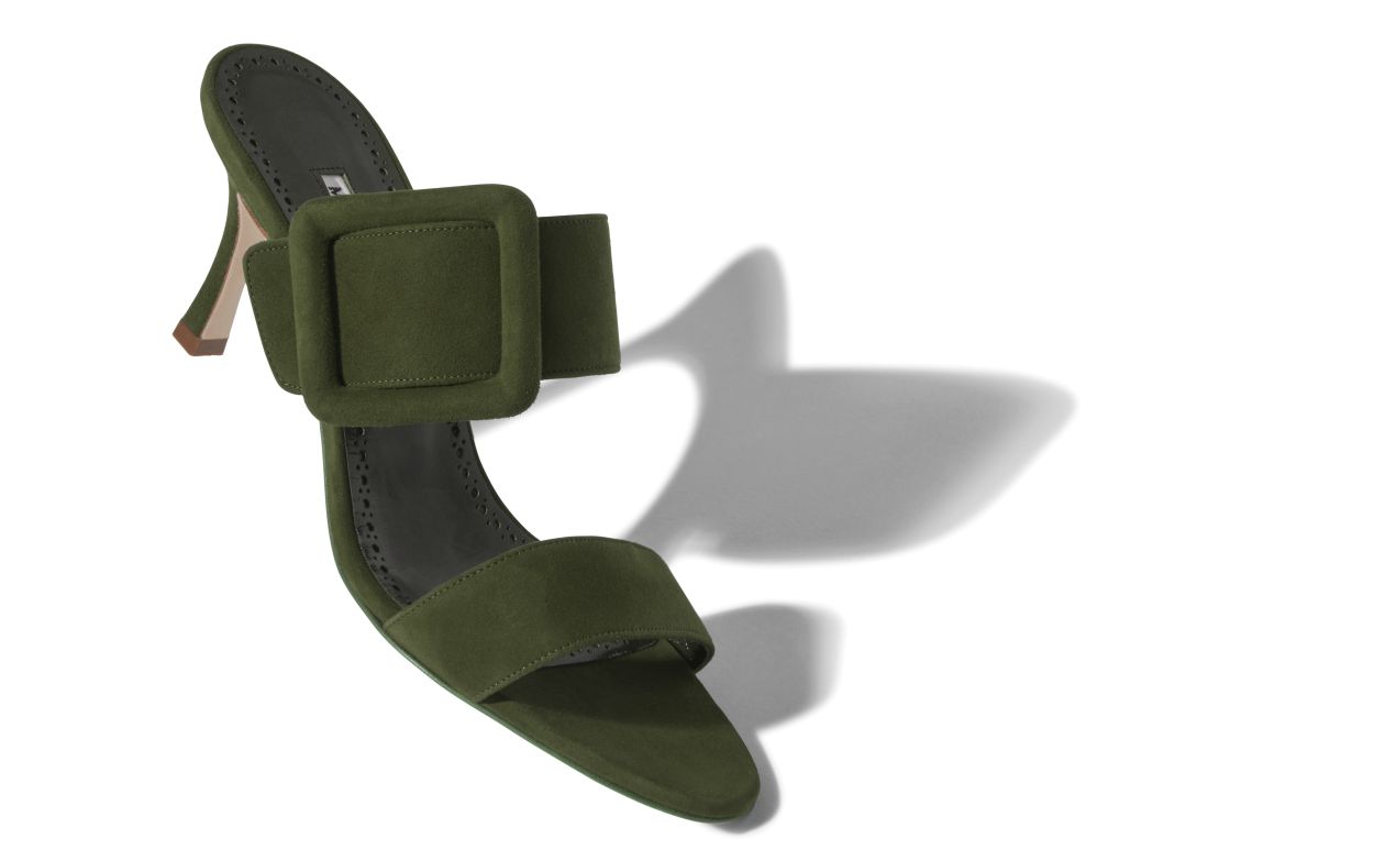 Designer Dark Khaki Green Suede Open Toe Mules - Image Main
