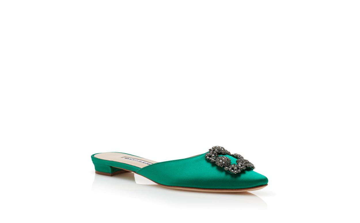 Designer Green Satin Jewel Buckle Flat Mules - Image Upsell