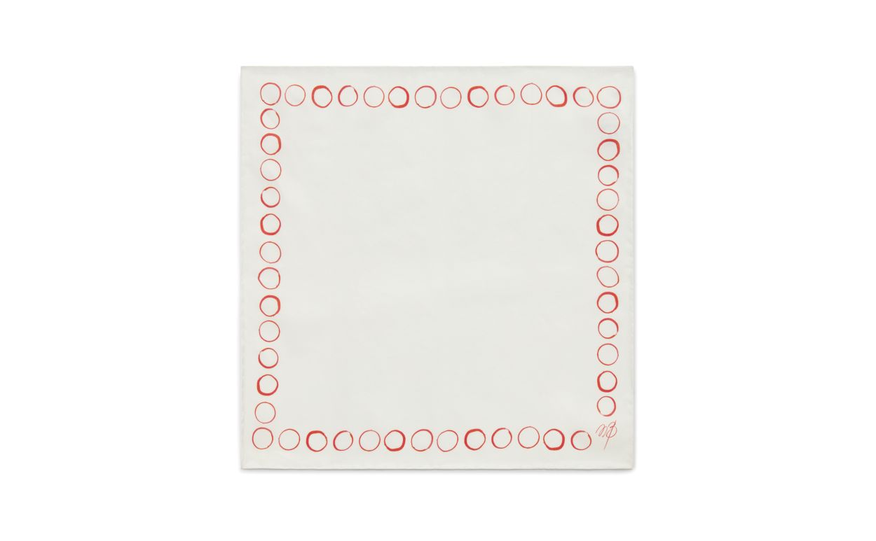 Designer Ivory and Red Silk Circle Print Pocket Square - Image Side View