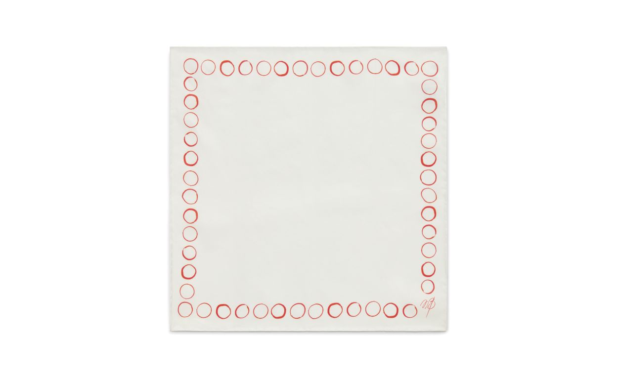 Designer Ivory and Red Silk Circle Print Pocket Square - Image thumbnail