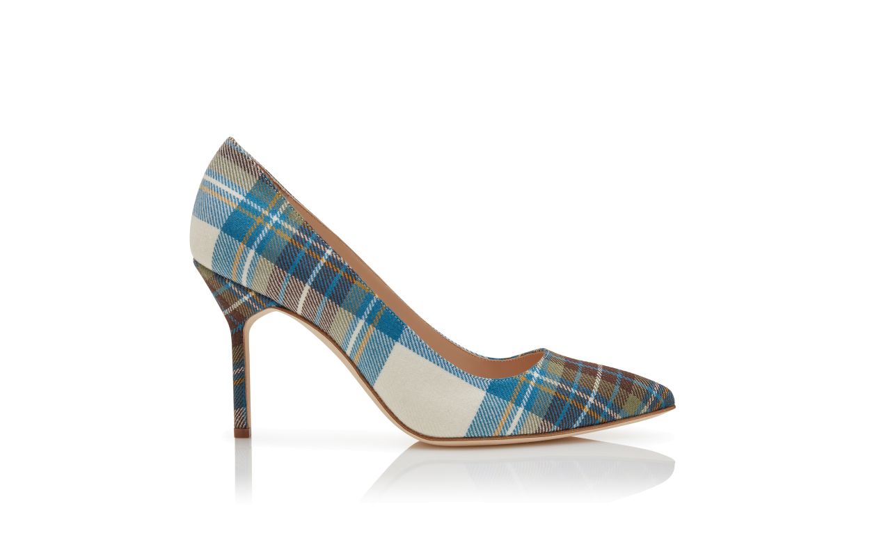 Designer Blue Wool Tartan Pointed Toe Pumps - Image Side View