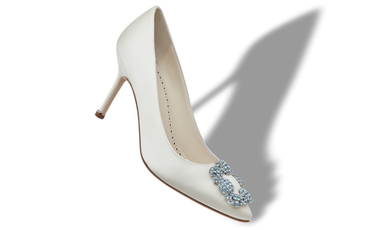 Designer White Satin Jewel Buckle Pumps - Image Main