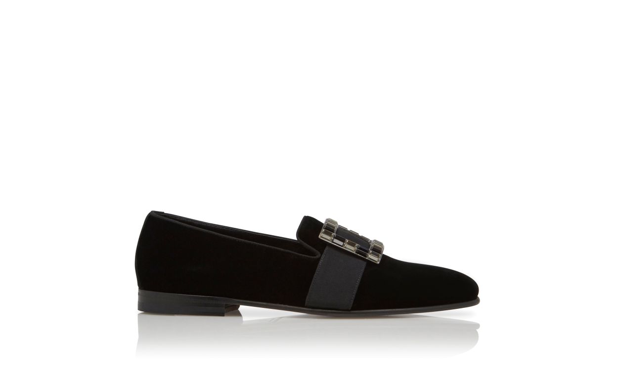 Designer Black Velvet Buckled Loafers - Image Side View