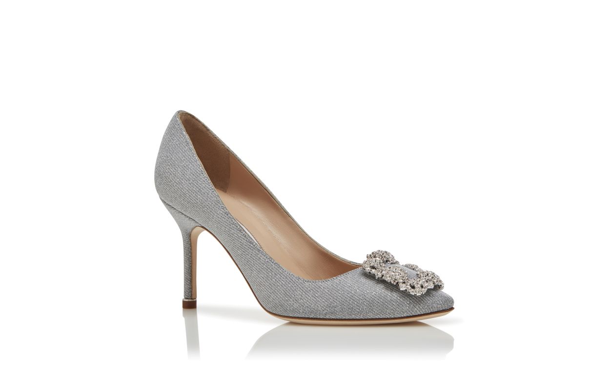 Designer Silver Glitter Fabric Jewel Buckle Pumps - Image Upsell