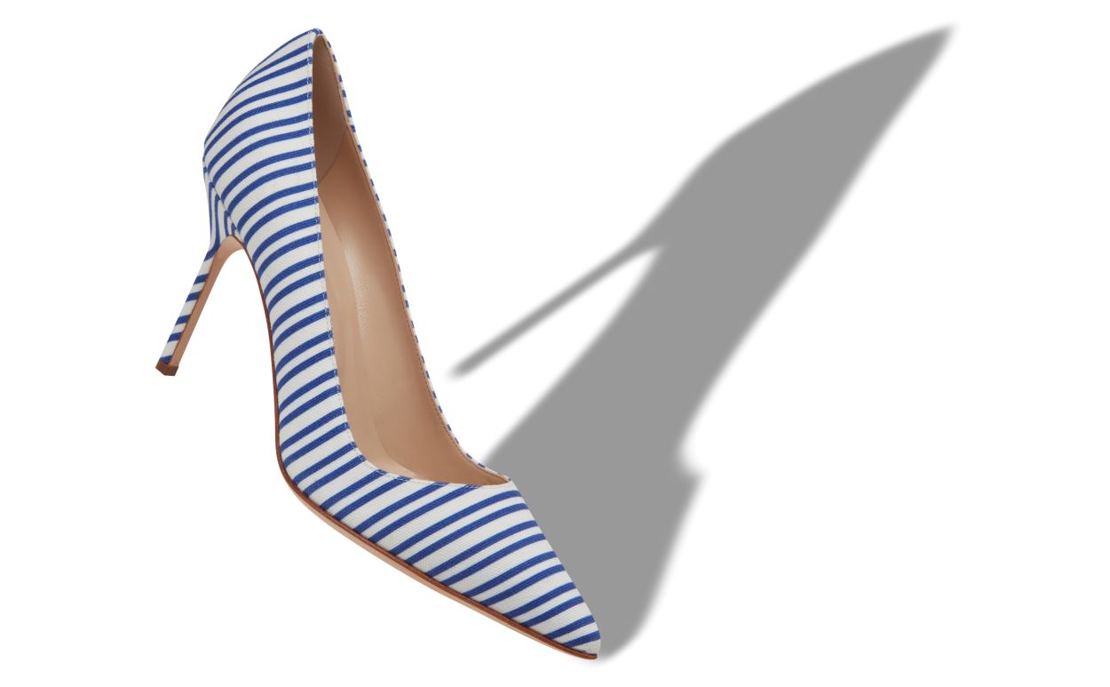 Designer Blue Cotton Striped Pointed Toe Pumps  - Image Main