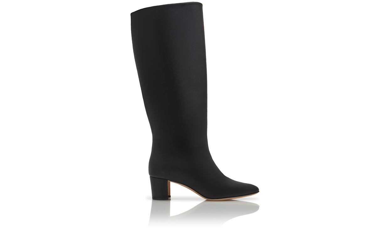 Designer Black Calf Leather Knee High Boots  - Image Side View