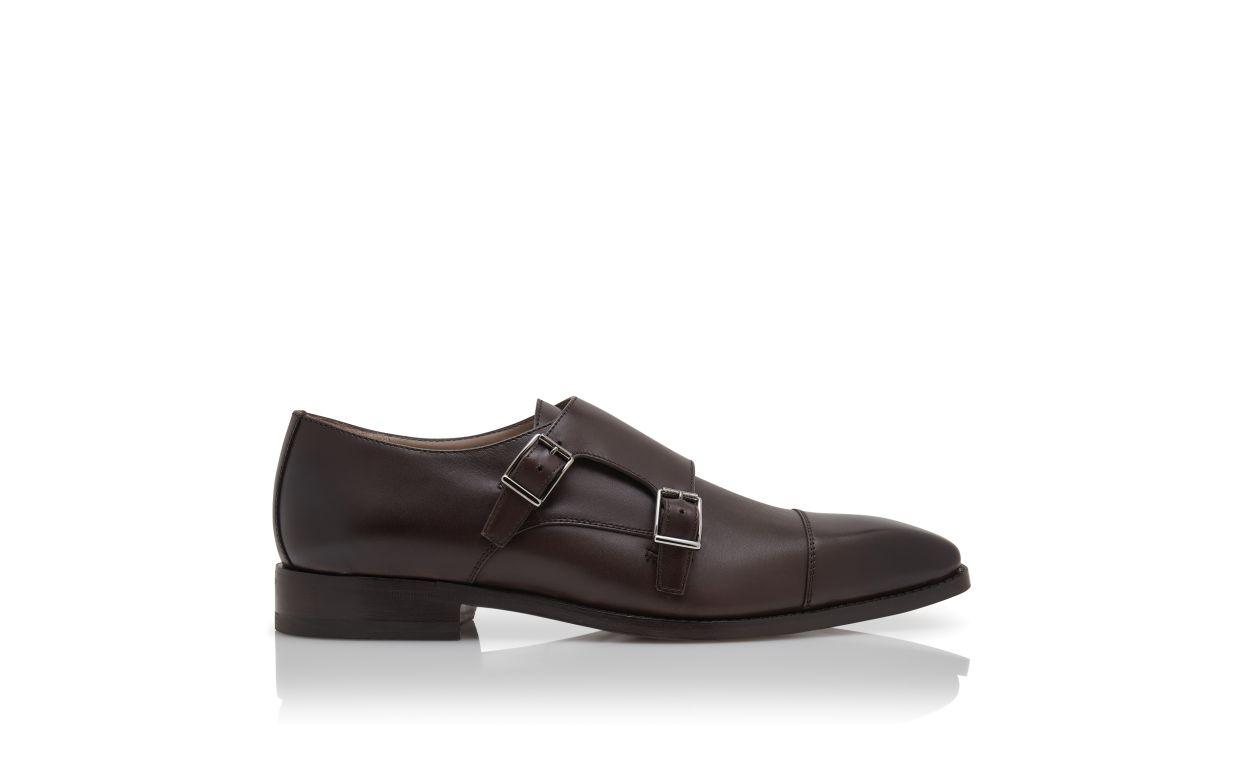 Designer Dark Brown Calf Leather Monk Strap Shoes - Image Side View