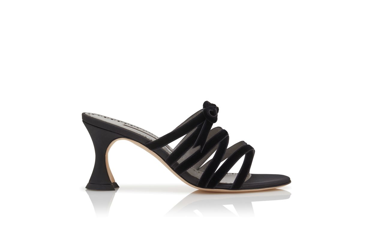 Designer Black Silk Criss-Cross Mules - Image Side View