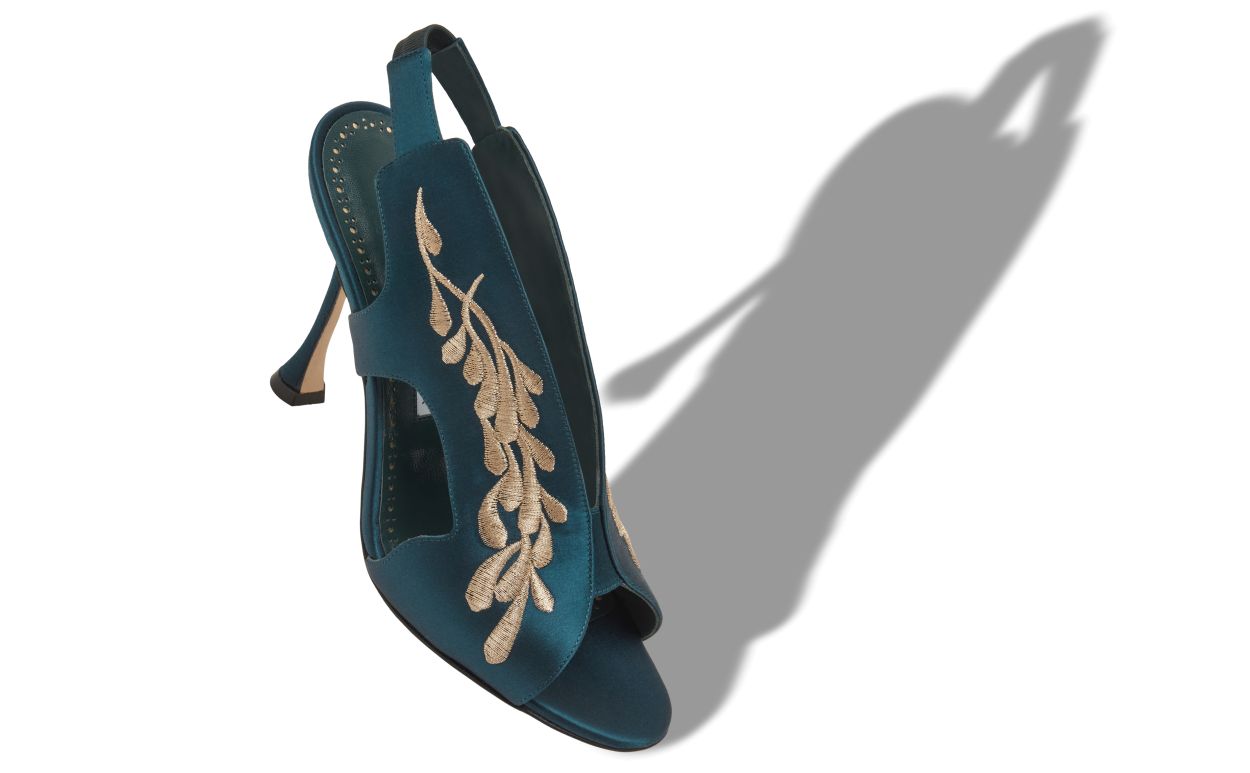 Designer Navy Blue and Gold Satin Slingback Sandals - Image Main View