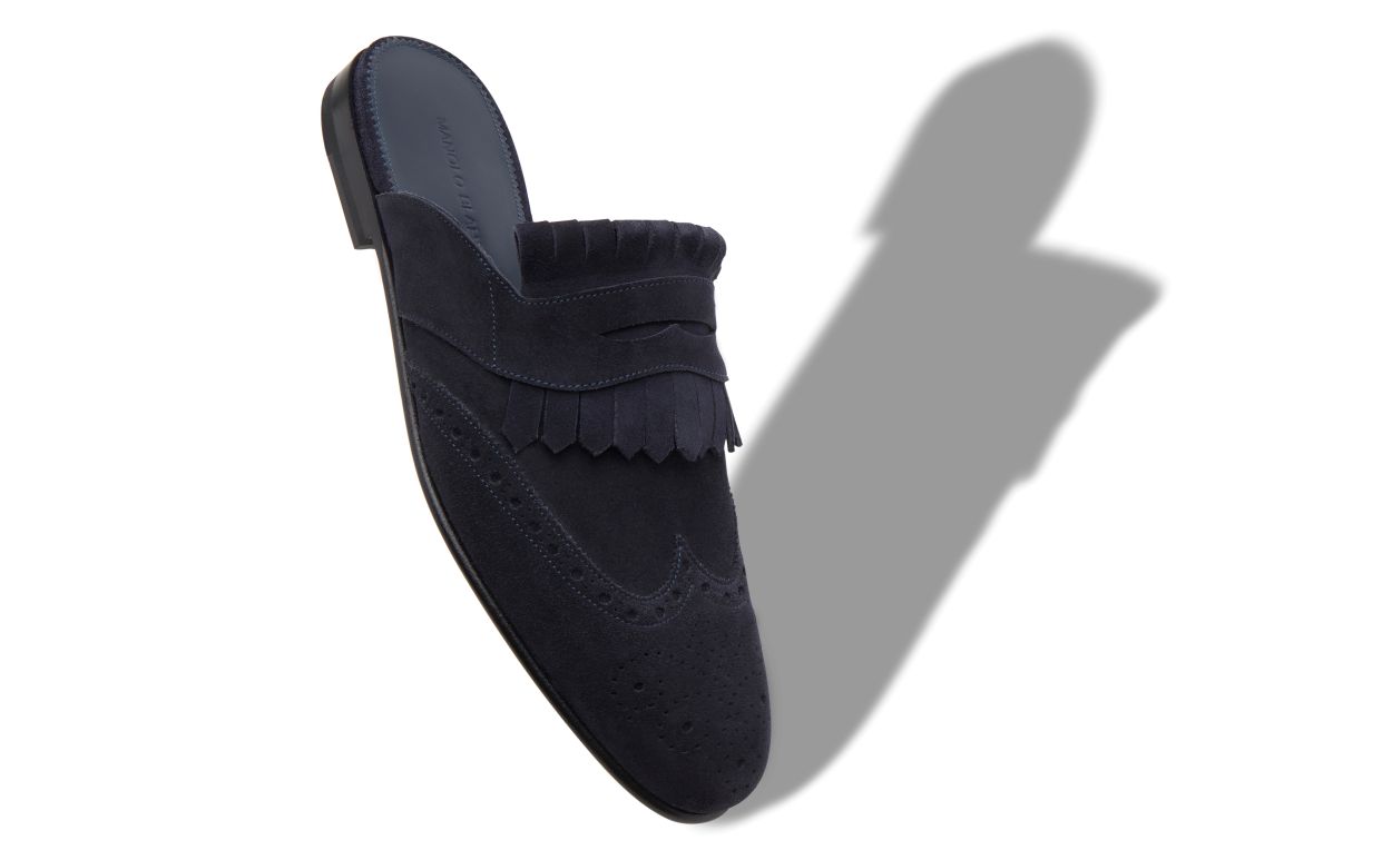 Designer Navy Blue Suede Kiltie Backless Loafers - Image Main